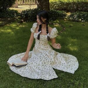 House of CB Puff Sleeve Midi Sundress XS - Garden Print Cream Green